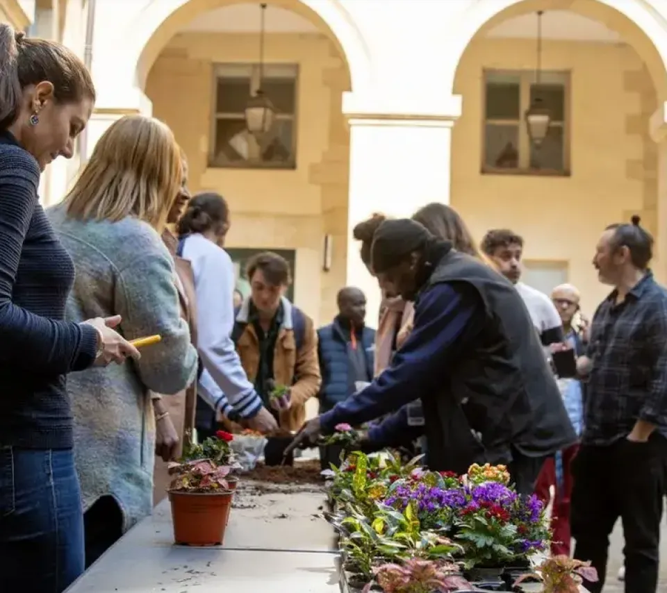 Personnels de l'université assistant à un atelier jardinage organisé dans la cour d'honneur du centre Panthéon